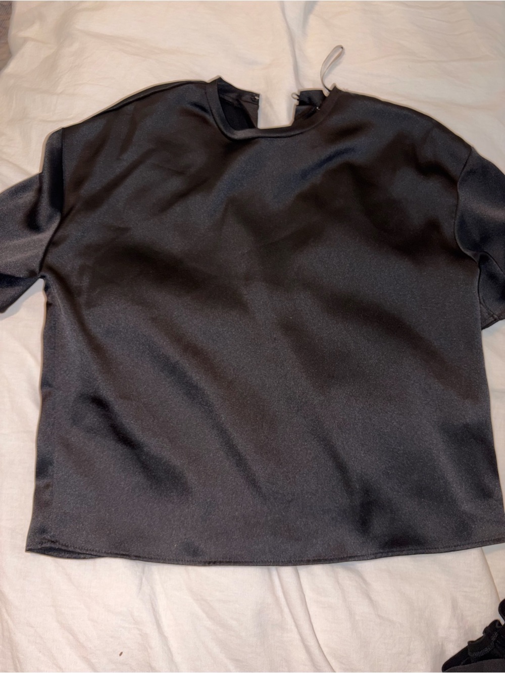 Zara Black Satin Short Sleeve Blouse with Back Tie